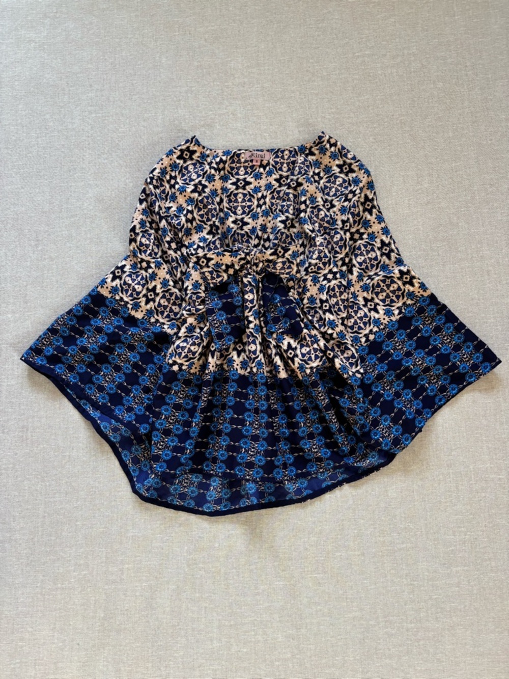 Flowy Circle Cape Blouse Boho Whimsical Unique Navy and Cream